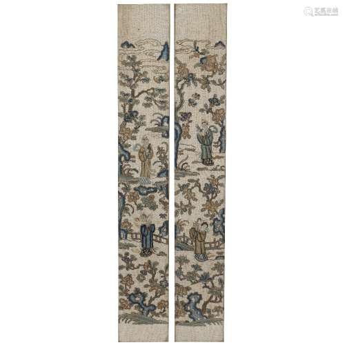 Pair of embroidered panels Chinese, late 19th Century with musicians and other figures in a garden