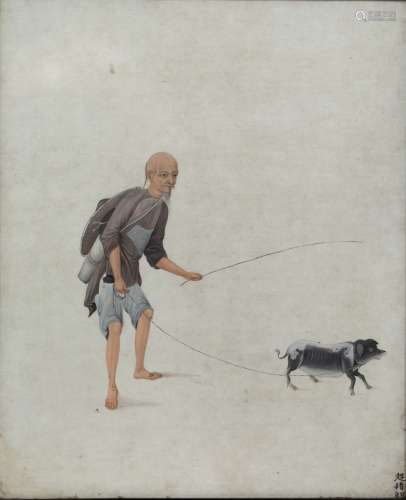 Chinese School 19th Century watercolour study of farmer leading a pig on a lead, inscribed 35.5cm