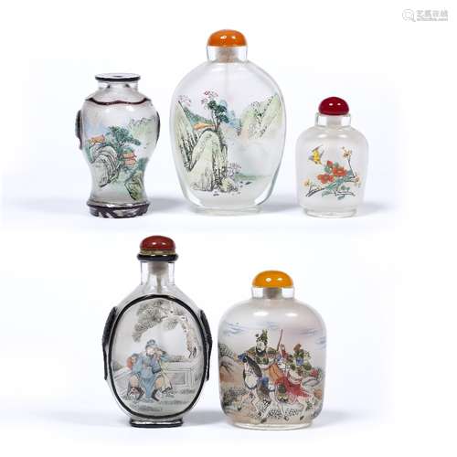 Group of five glass snuff bottles Chinese early/mid 20th Century each inside painted with