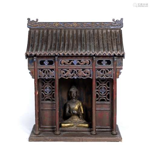 Large Buddhist shrine Chinese, 19th Century carved as a wooden temple with painted and gilded