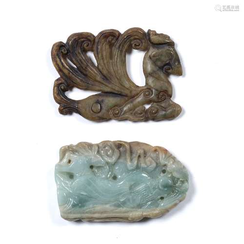 Green and grey jade pendant Chinese, 19th Century carved as a figure of Shou Lao and a deer within a