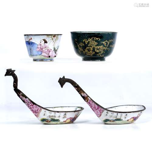 Pair of Canton enamel ladle form spoons Chinese decorated in famille rose palette with figures in