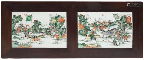 Hardwood long table Chinese, 19th Century the top inset with two famille verte porcelain panels