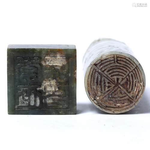 Two hardstone seals Chinese, 19th/20th Century one cylindrical engraved with a temple dog 13cm