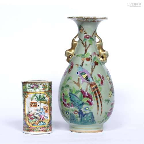 Canton celadon vase Chinese, 19th Century painted with foliate and bird decoration 24cm and a Canton