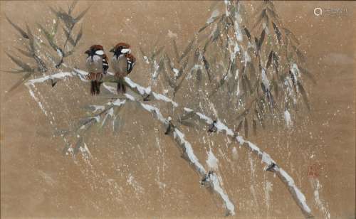 Chinese School study of two tree sparrows on a branch in winter, watercolour with heightening,