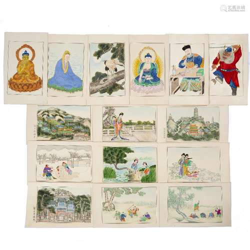 Fifteen painted cards Chinese, 20th Century most depicting daily life, with children at play and