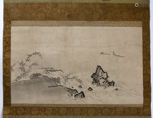 Chinese School Landscape scene, hanging scroll, ink on paper, seal in red reading Shouxin,