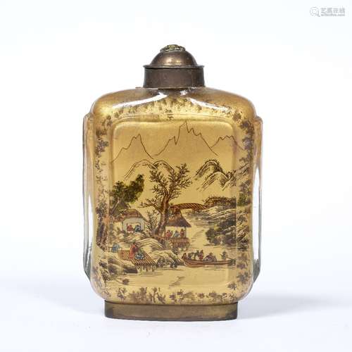 Reverse hand painted glass flask Chinese, 20th Century decorated with figures in a pavilion