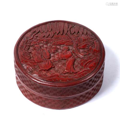 Cinnabar lacquer circular box Chinese, 19th Century carved to the top with two figures under a