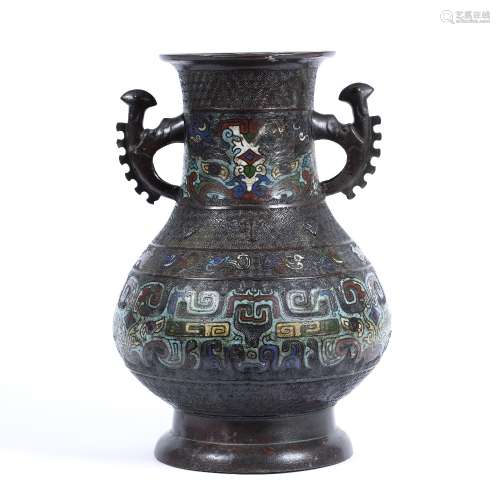 Large archaic style cloisonne vase Japanese with T'aotie designs and stylised handles 39.5cm high
