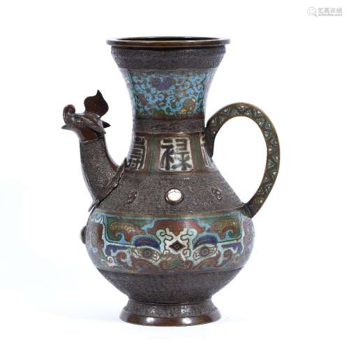 Tibetan style cloisonne ewer Chinese, 19th Century with animal mask spout and with inset mounts 32cm