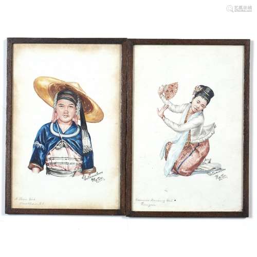 Pair of watercolour studies Burmese to include a Shan girl and a Burmese dancing girl, signed '