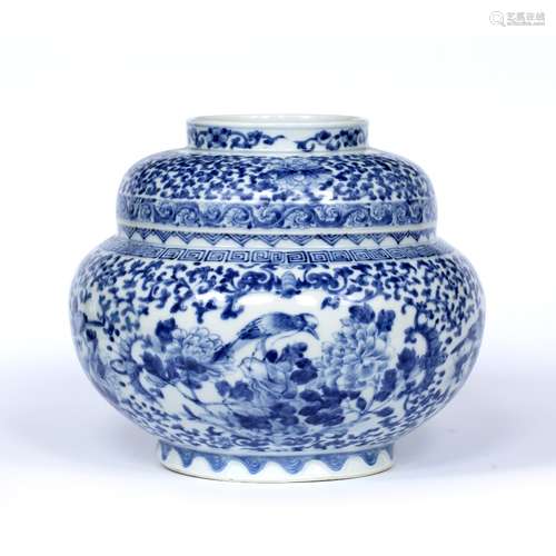 Large blue and white ovoid vase Chinese, 19th Century on stepped form with Indian lotus to the rim