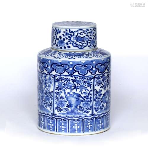 Blue and white cylindrical vase and cover Chinese, 19th Century decorated with panels of birds and