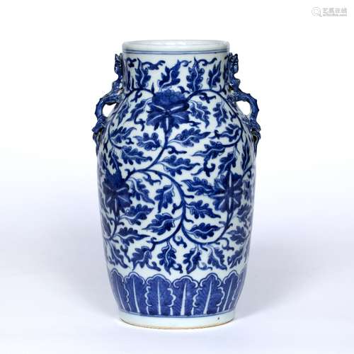 Blue and white vase Chinese, 19th Century painted with lotus flowers and trailing leaves, ruyi