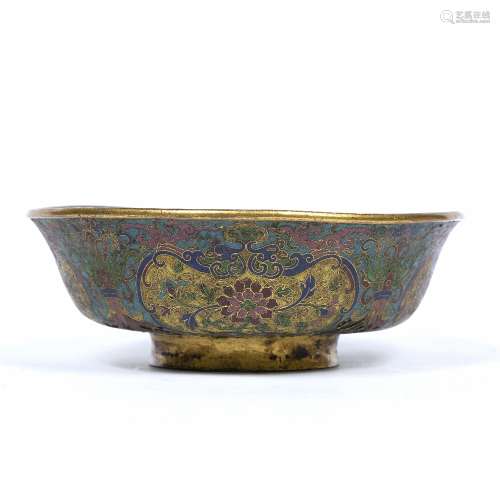 Cloisonne bowl Chinese, Qianlong (1736-1795) with panels of lotus within a scroll surround, engraved