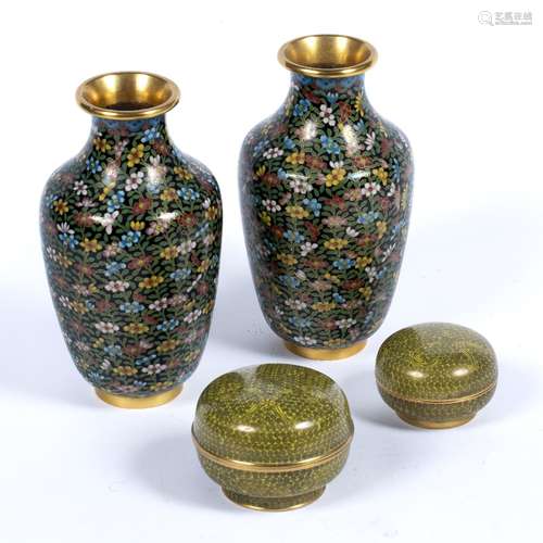 Pair of cloisonne vases Chinese, 20th century decorated in ground black, with repeating