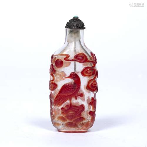 Overlaid glass snuff bottle Chinese, 19th Century decorated with overlaid red decoration depicting a