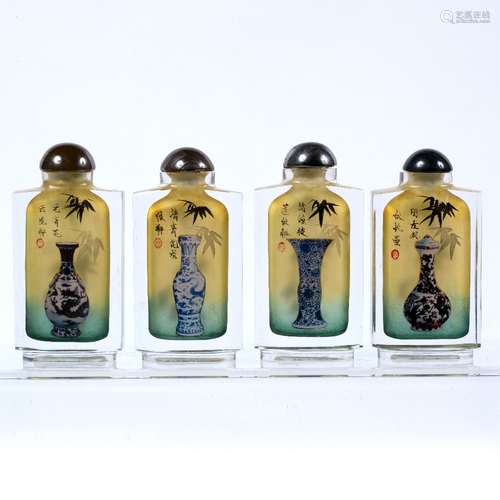 Cased set of four snuff bottles Chinese, 20th Century inside painted depicting famous Chinese