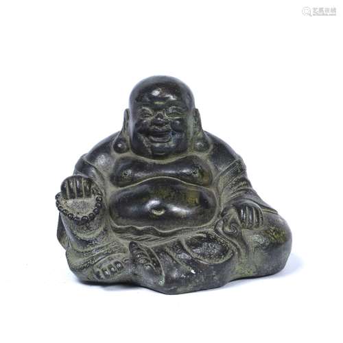 Verdi gris bronze seated model of Putai Chinese, late 19th Century with seal mark 9cm high