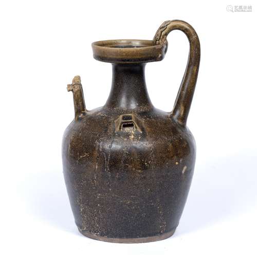 Glazed ewer Chinese, Jin dynasty with double headed chicken spout and reeded handle 27cm high