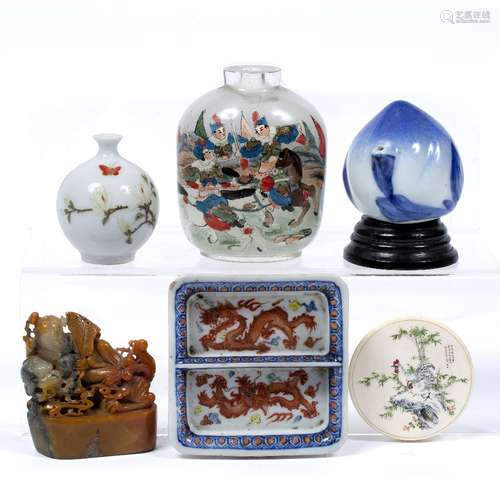 Small group of pieces Chinese including an inside painted snuff bottle 9cm a water dropper for ink