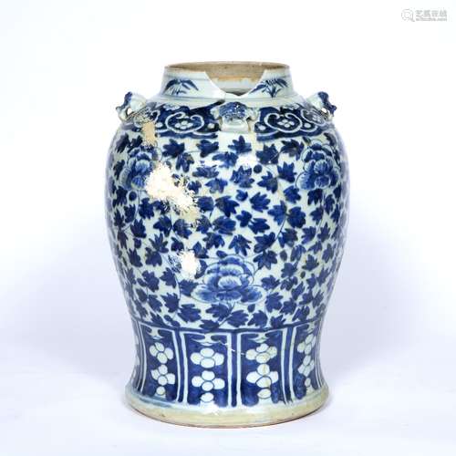 Blue and white baluster vase, Chinese,19th Century with flowering lotus and leaf decoration, mask