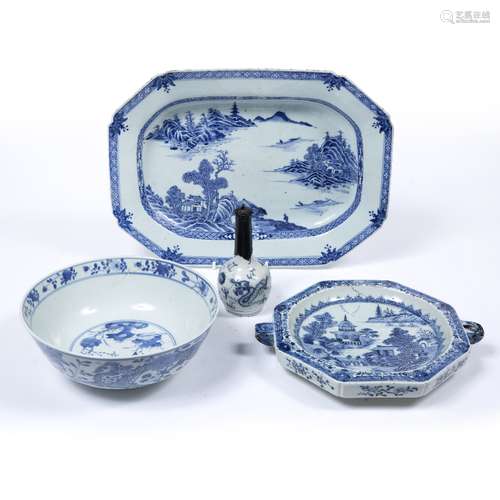 Blue and white porcelain bowl Chinese, 19th Century with central rockwork and dragon to the