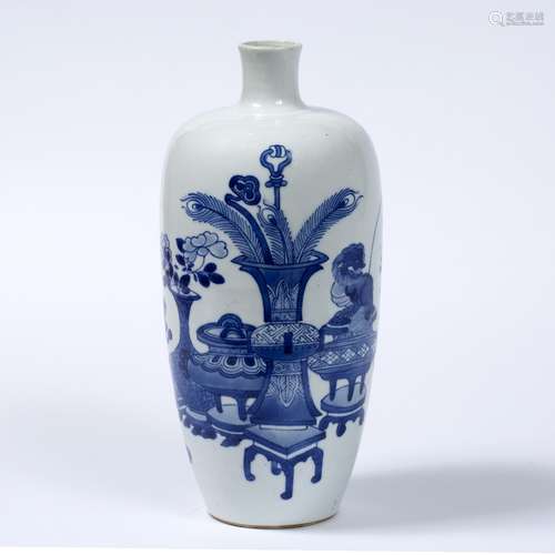 Blue and white vase Chinese decorated to the body depicting precious objects with a circular panel