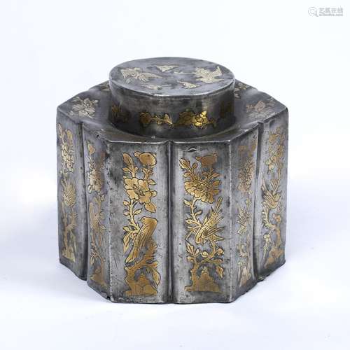 Hexagonal paktong tea caddy Chinese, mid 19th Century inset with gold coloured clouds, phoenix and