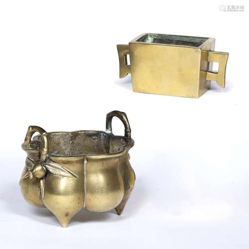 Two brass censers Chinese, 19th Century the first of flower form, with stylized fruit to each end