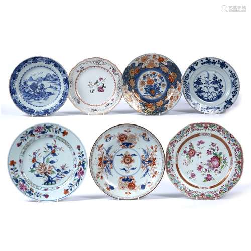 Group of seven export and famille rose dishes Chinese 18th/early 19th Century largest 23cm diameter