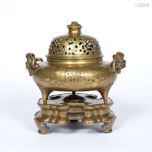 Gilt-flecked bronze censer and cover on stand Chinese, 18th Century cast in low relief with two shou