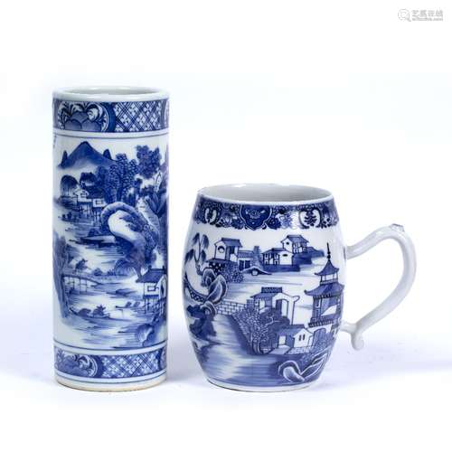 Blue and white porcelain barrel shaped tankard Chinese, Guangxu with river landscape 14cm and a