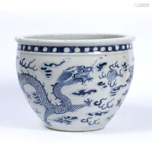 Blue and white porcelain jardiniere Chinese, 19th Century with dragon and flaming pearl decoration