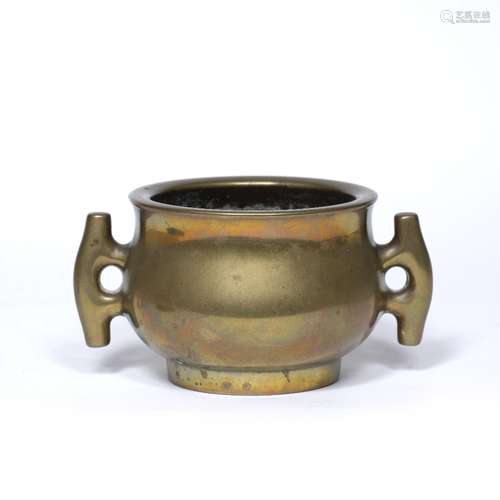 Bronze censer Chinese, 18th/19th Century on a raised splayed foot, with archaic style handles to