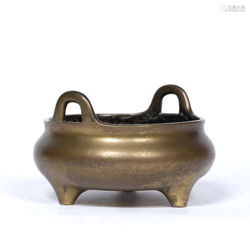 Bronze censer Chinese, 19th century of rounded form, on three squat feet, with raised circular