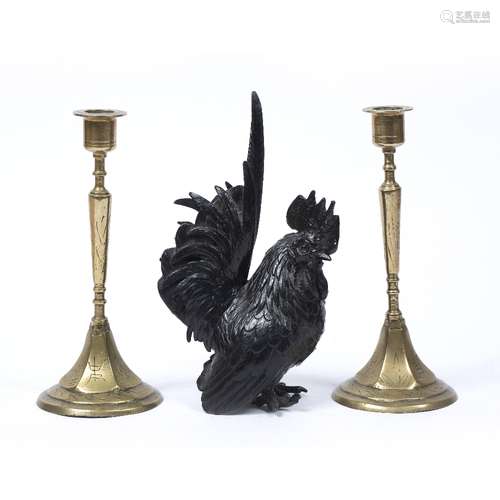 Pair of brass candle sticks Chinese with engraved decoration to the bases 19cm high, together with a