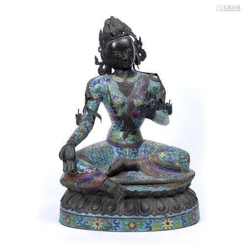 Large cloisonne seated model of the Green Tara Chinese,19th/20th Century the figure seated in