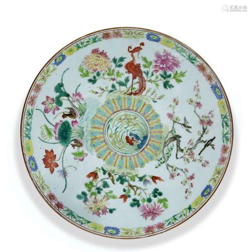 Famille rose charger Chinese,19th Century painted in enamels with a phoenix, ducks and flower sprays