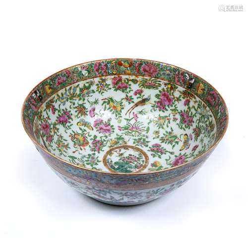 Canton punch bowl Chinese, 19th Century painted with peacocks, butterlies, peonies and other flowers