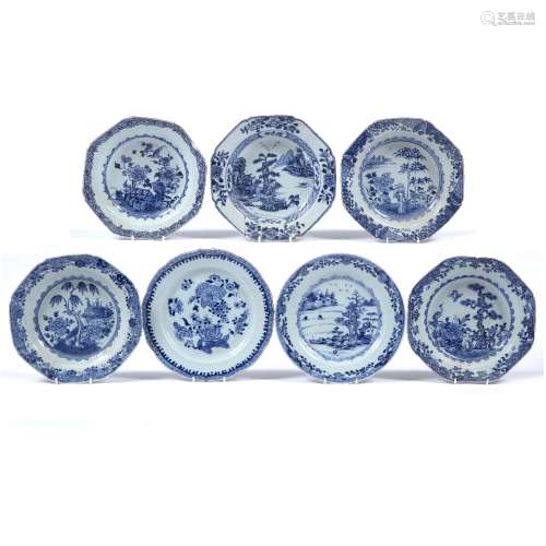 Group of seven blue and white dishes Chinese, 18th/19th Century largest 25.5cm diameter