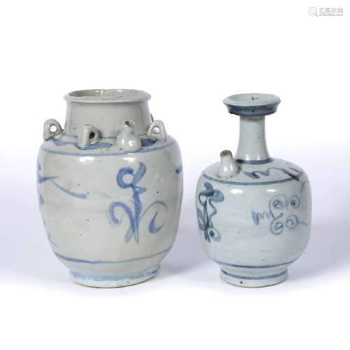 Two porcelain kendis South East Asian, 17th/18th Century one with lug handles, brush decoration