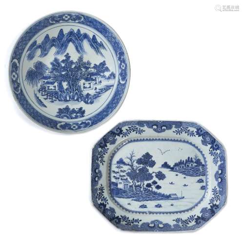 Export blue and white porcelain charger Chinese, circa 1800 with lake landscape scene 35 x 41.5cm
