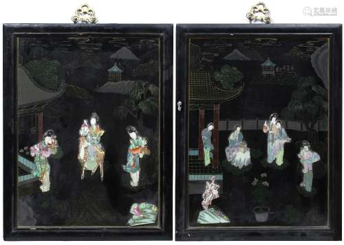 Pair of black lacquer plaques Chinese, 20th Century each with porcelain mounts and both panels