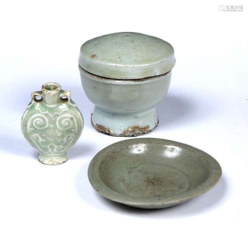 Three pieces of longquan porcelain Chinese 17th/18th Century including a small dish 9cm a lidded