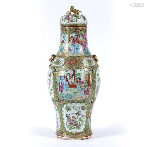 Large Canton vase and cover Chinese,19th Century painted with panels of courtiers within a gold