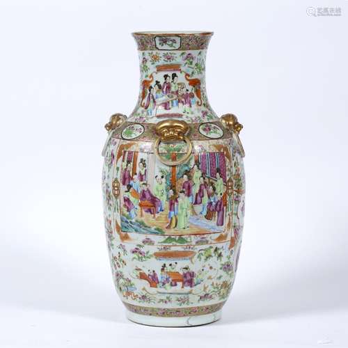 Canton polychrome vase Chinese, 19th Century painted in enamels with a central panel of courtiers