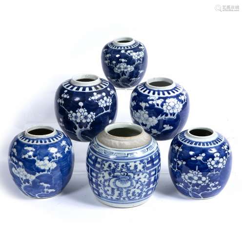 Group of six blue and white ginger jars Chinese, 19th Century largest 14cm high